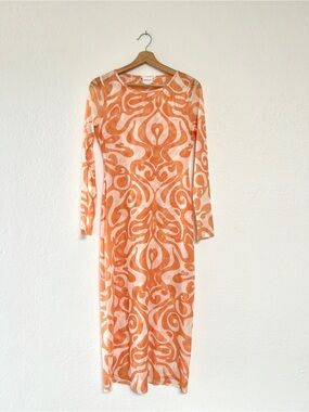 FIND ME NOW creamsicle swirl dream mesh long sleeve midi dress / size M
